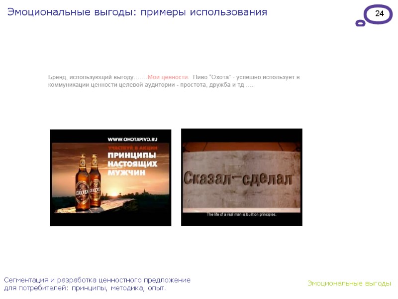 24 Эмоциональные выгоды: примеры использования Сегментация и разработка ценностного предложение для потребителей: принципы, методика,